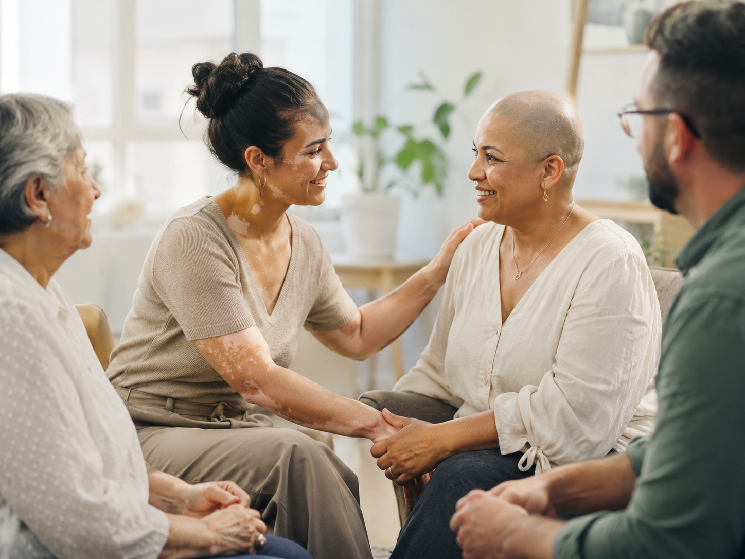Grupo de apoio de pacientes com doenças de pele conversando e se acolhendo